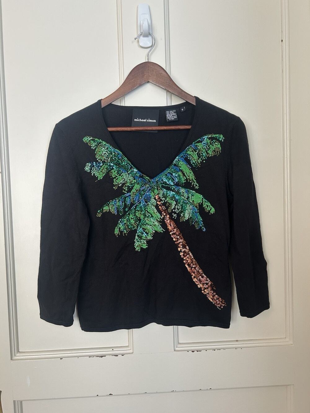 Michael Simon Silk Blend Beaded Palm Tree Blouse Womens Size Small Black Classic